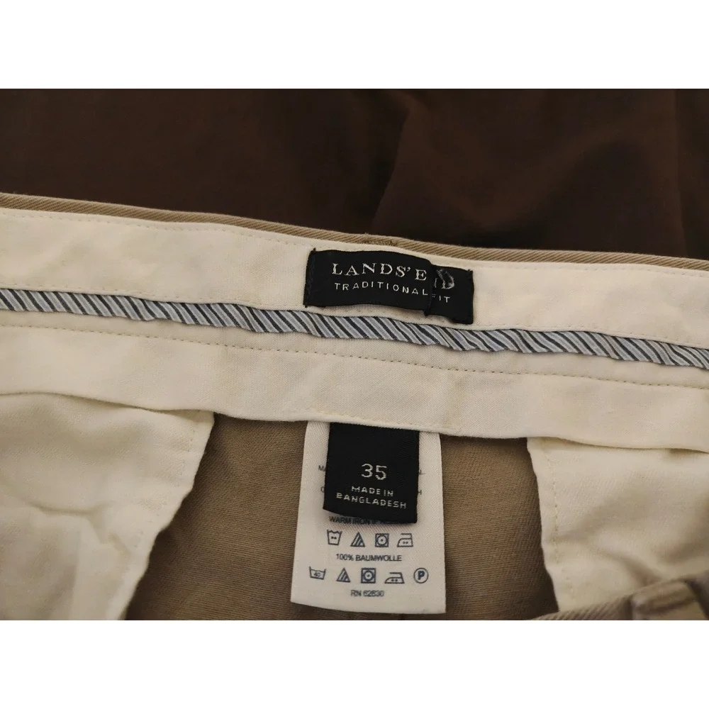 Lands End Mens Traditional Fit Pleated Chino Pants Khaki Tan Cotton Size 35